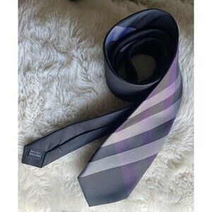 Egara Luxury Purple Silver Black Plaid Striped Silk Necktie Ships Fast
